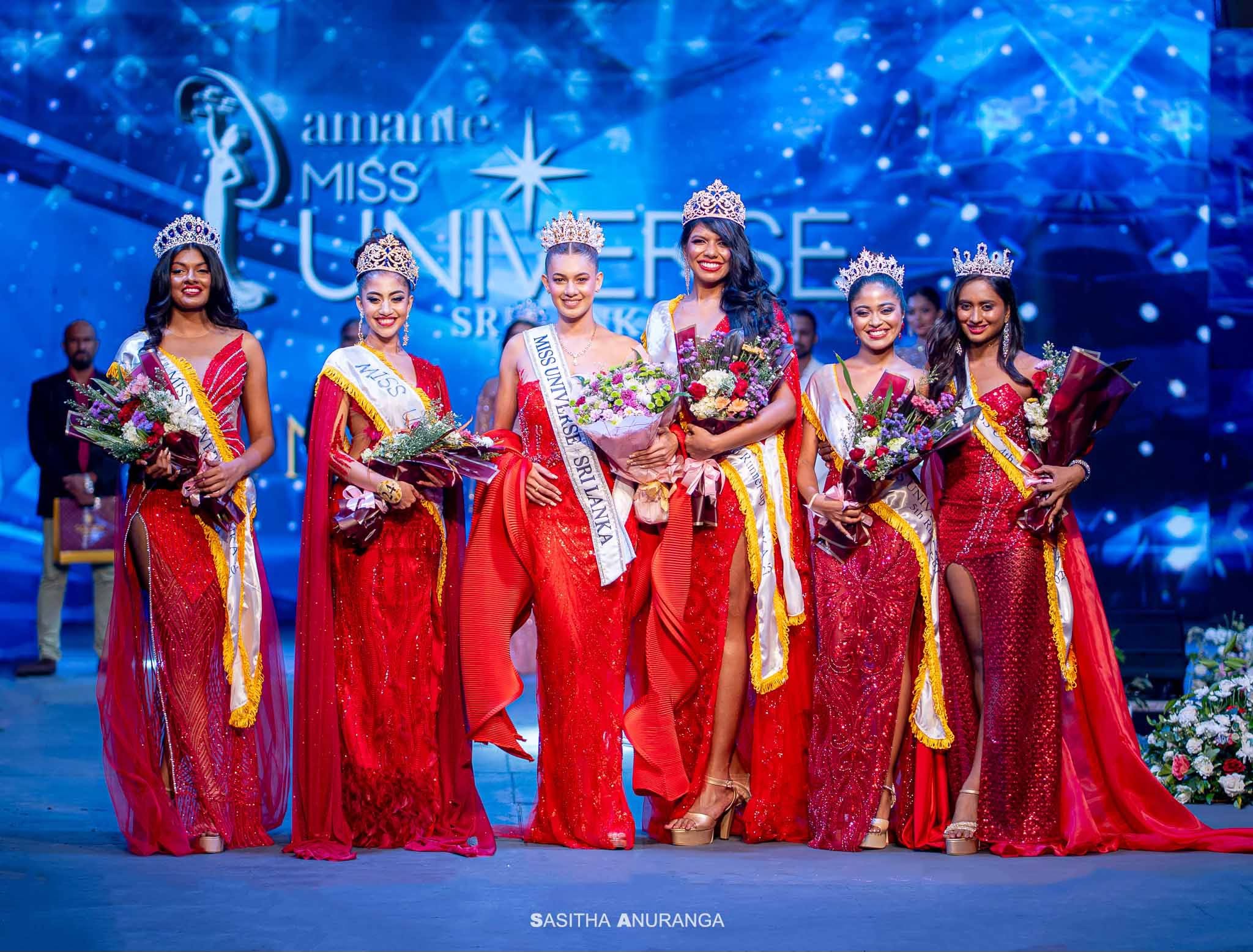 Event photography of the full court of titleholders at Miss Universe Sri Lanka 2025 in Colombo