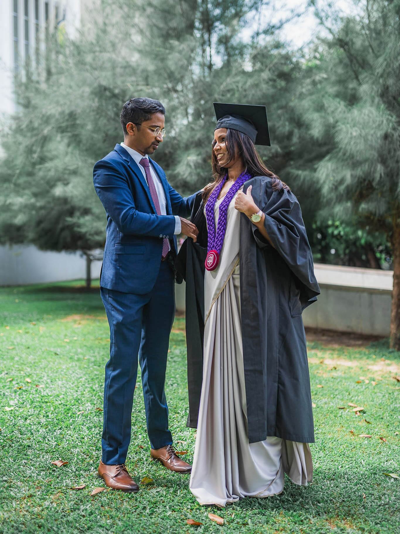 Graduation portrait photography with a loved one adjusting the gown, Colombo, Sri Lanka
