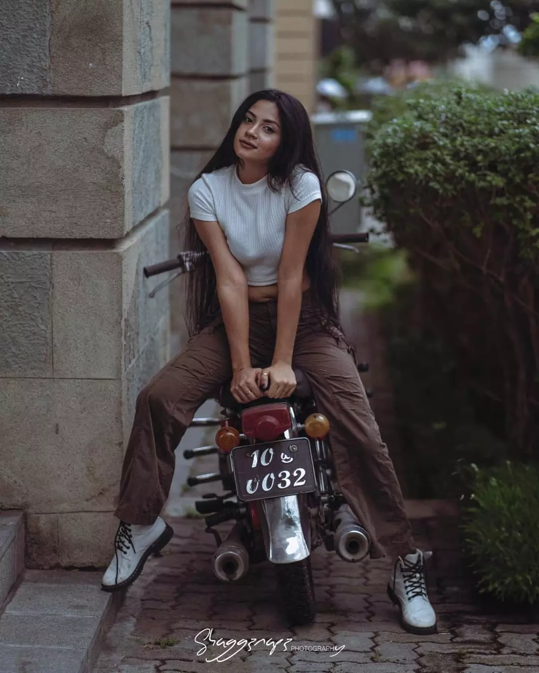 Street fashion photoshoot with a vintage motorcycle in Colombo, Sri Lanka