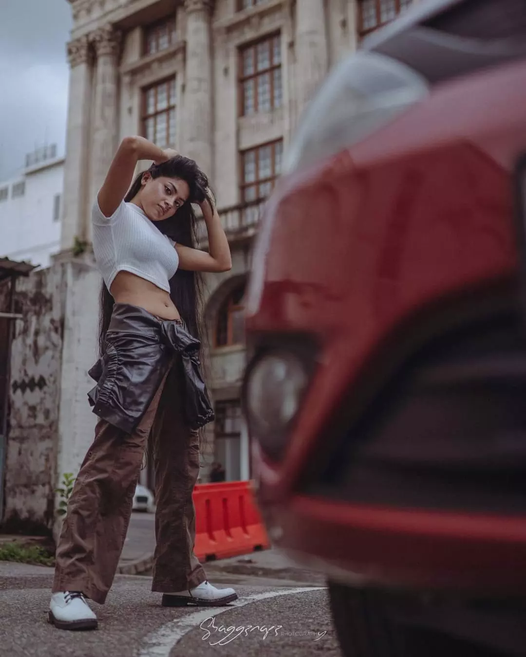 Street fashion photoshoot beside a vintage car in Colombo, Sri Lanka
